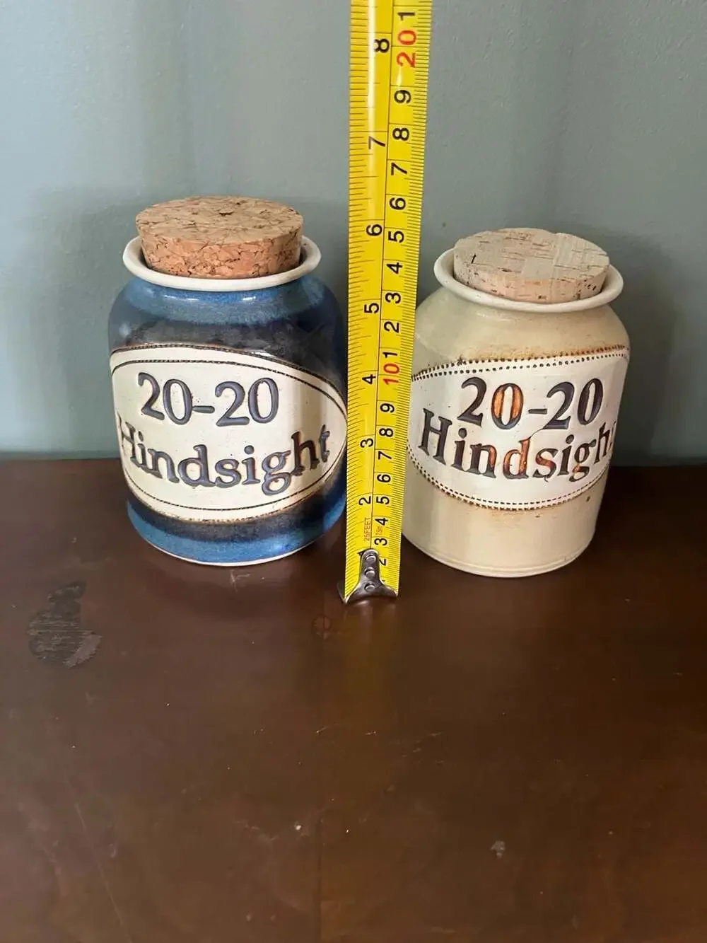 Set of 2 Artisan Ceramic 20-20 Hindsight Storage Jars with Cork Lids